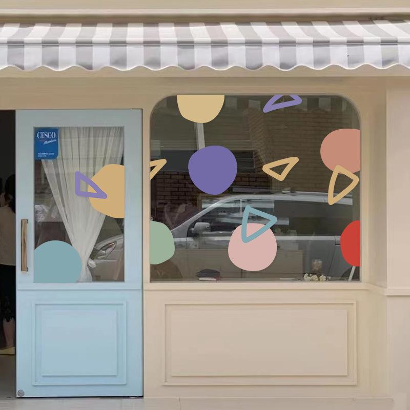 ウォールステッカー カラフル 幾何学模様 抽象柄 静電ステッカー 店舗 子供服店 ベビー用品店 遊び場 商業施設 ガラス窓 ショーウィンドウ ガラスドア おしゃれな 装飾 デコレーション PVC製 貼り直し簡単