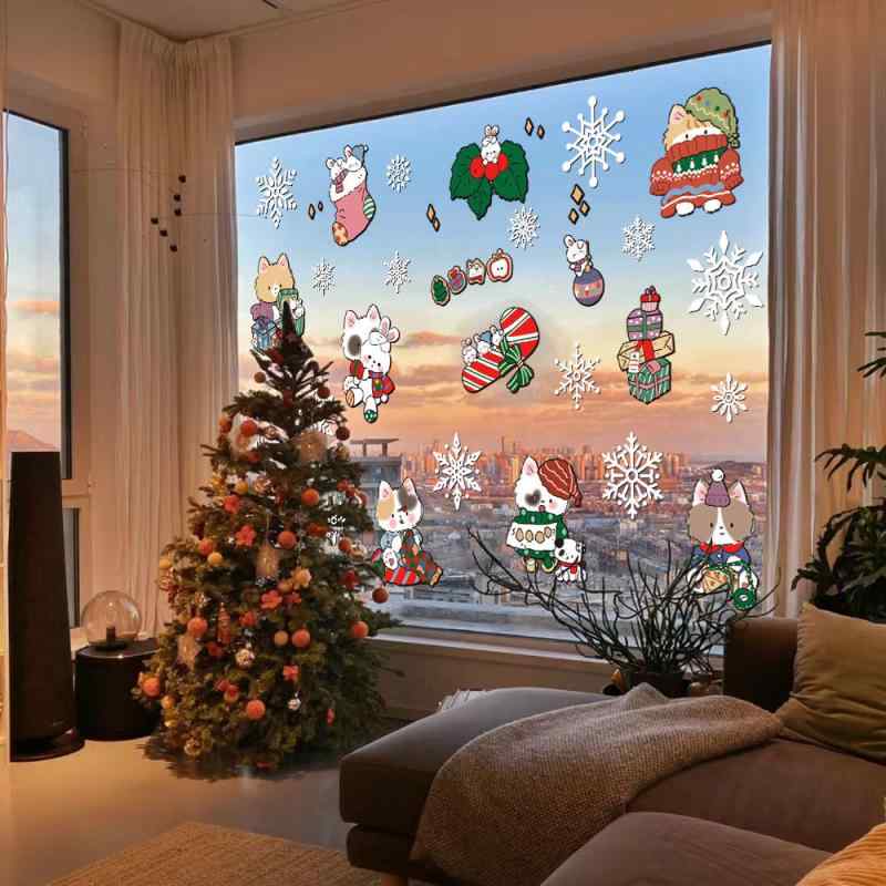 窓飾り ウィンドウステッカー クリスマス お正月 迎春 店舗用 ガラス窓 静電気 シール キャラクター 雪の結晶 スノーフレーク 透明 デコレーション