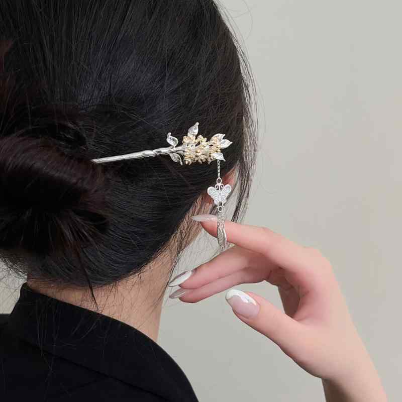 髪飾り レディース S925 スターリングシルバー 純銀 金木犀 歩揺かんざし 揺れる飾り まとめ髪 盛り髪 漢服スタイル 古典的 中華風 和装 和風 レトロ アジアンテイスト シルバー系