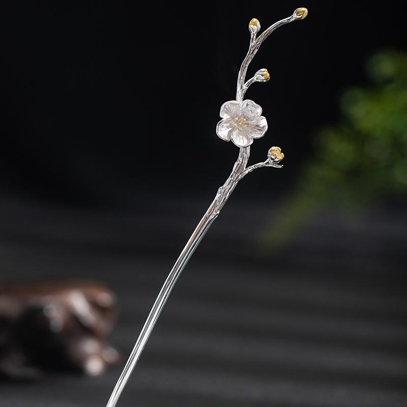 簪 髪飾り付け 髪の毛付属物 S925しろがね色 銀製 梅の花 枝楽想 目あたらしい図案化 分かりやすい 和風 レトロモダン 自己同一性的 御前上等感 フォーマル 心地好い 寄り合い お召しもの 浴衣 しろがね色色合い ジュエリー・アクセサリー-ジュエリー・アクセサリー用品