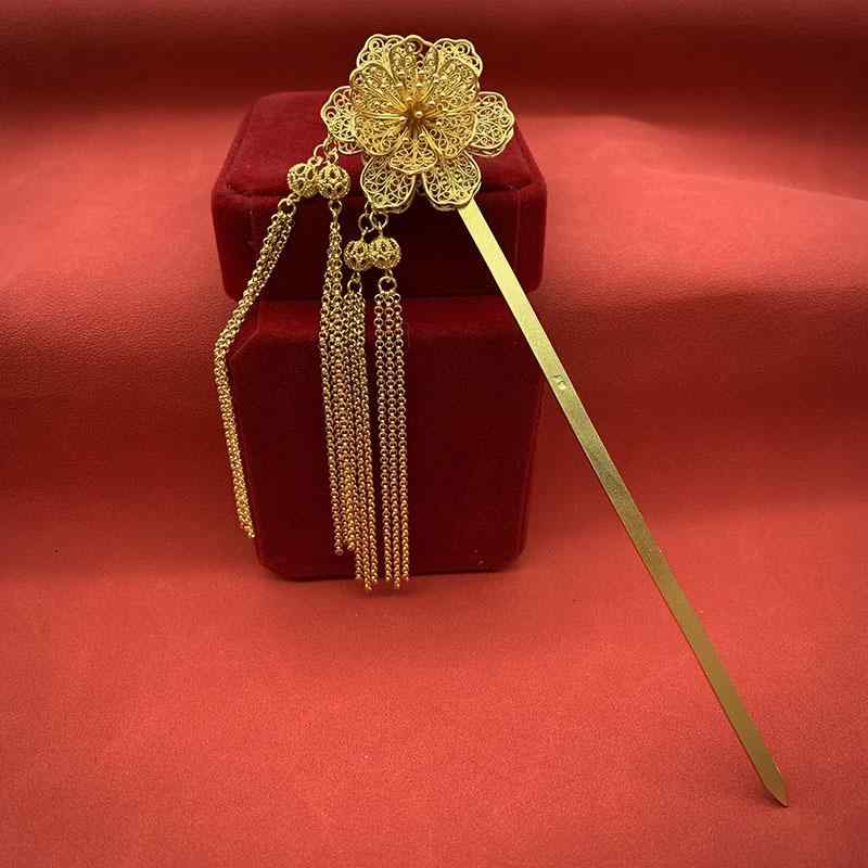 簪 レディース スターリングしろがね色 金メッキ 手作り 立体花捏ち上げる 花画題 両面花 ロングタッセル 揺れるひな形 漢服 大時代 エスニック 和装 浴衣 瀬戸もの御召しもの 髪飾りつけ 髪の毛付属物