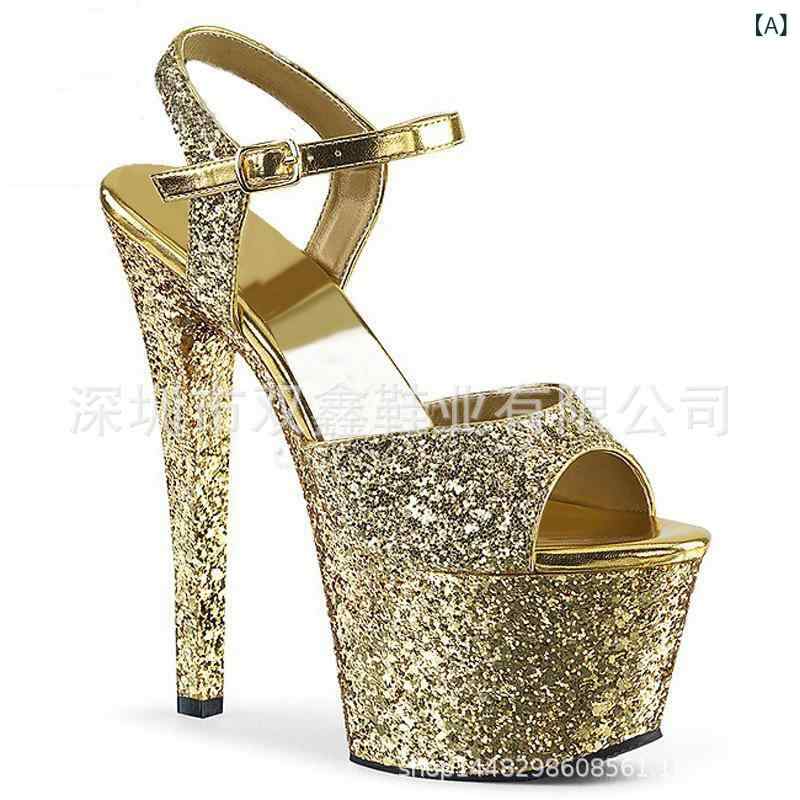サンダル レディース 17cm 超ハイヒール 厚底 オープントゥ フェイクレザー 合皮 PUレザー ラバーソール バックル ストラップ フレンチシック エレガント レディ ファッションサンダル ブラック イエロー シルバー 春夏 お出かけ パーティー｜花りぼん