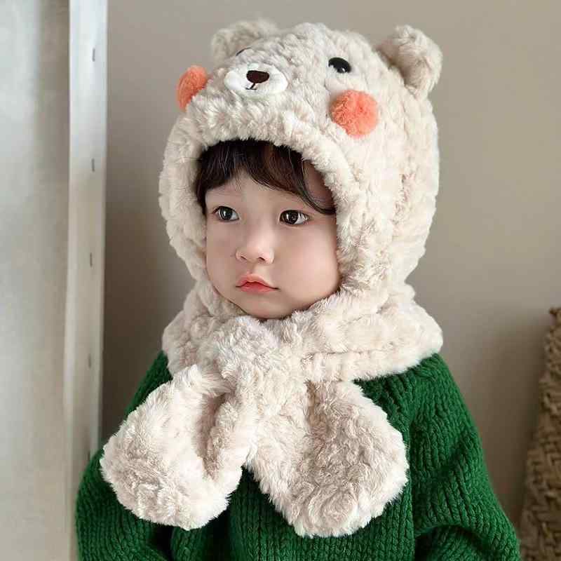 ニット帽 子供 ベビー キッズ 女の子 男の子 フード 耳当て付き ネックウォーマー一体型 秋冬 防寒 暖かい 厚手 保温 防風 フリース 裏起毛 かわいい クマ柄 通園 お出かけ 普段使い