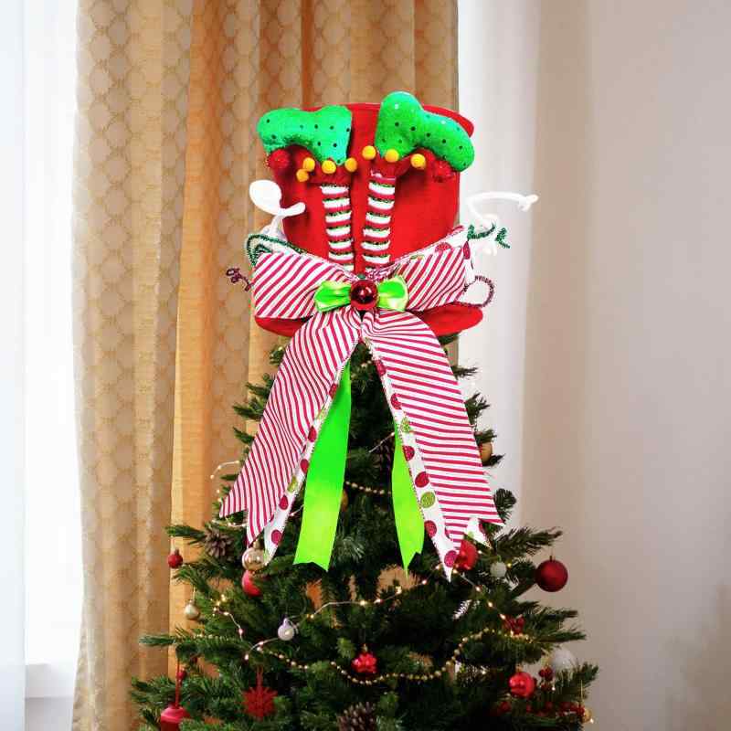 クリスマス飾り クリスマスツリー トップハット 帽子 折りたたみ式 魔女の脚 リボン スター おしゃれ デコレーション アメリカンカントリー 布製 雑貨 イベント装飾