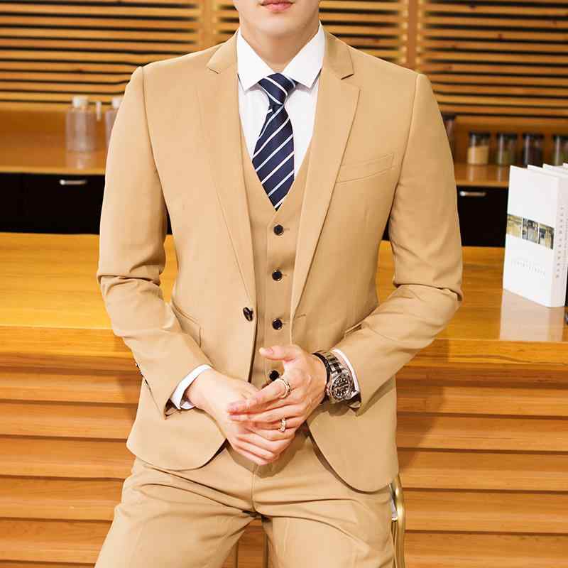 背広 メンズ 成人男性用 スリー天下太平 セットアップ 御芽出度 御芽出度 礼服 フォーマル 商行為 心地よい カーキ ベージュ か細い 細身 韓国風 シングル乳ぶさ ノッチドラペル 片方ベンツ TRギャバジン 伸縮性