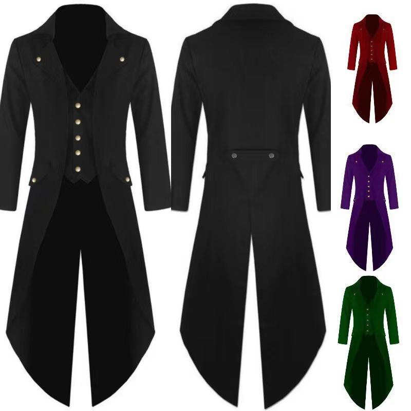 コート メンズ 男性用 ハロウィン タキシード 中世風 レトロ ゴシック パンク ミドル丈 アウター 仮装 衣装 コスプレ イベント 舞台 秋冬 ポリエステル レッド グリーン ブラック