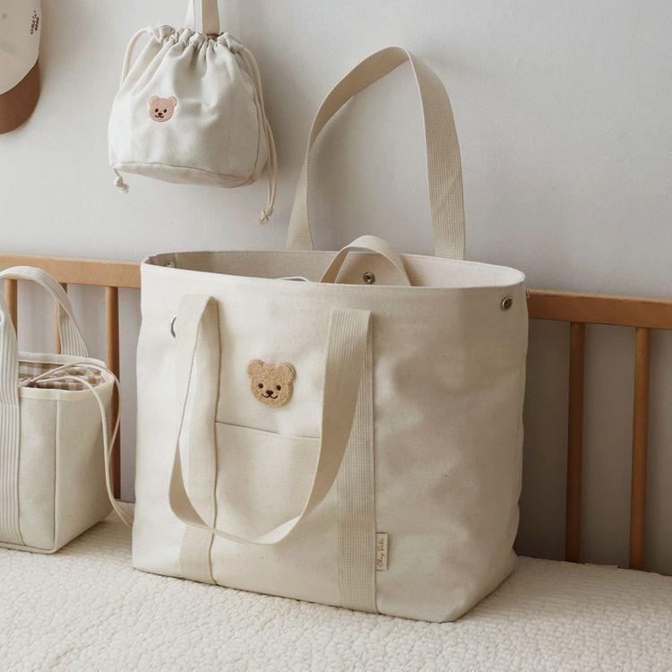 マザーズバッグ ママ向け 大容量 シンプル 帆布 キャンバス トート 手提げ 鞄 バケット型 ベビーカーフック 収納ポーチ カジュアル 普段使い 旅行用 ブラック ホワイト|花りぼん