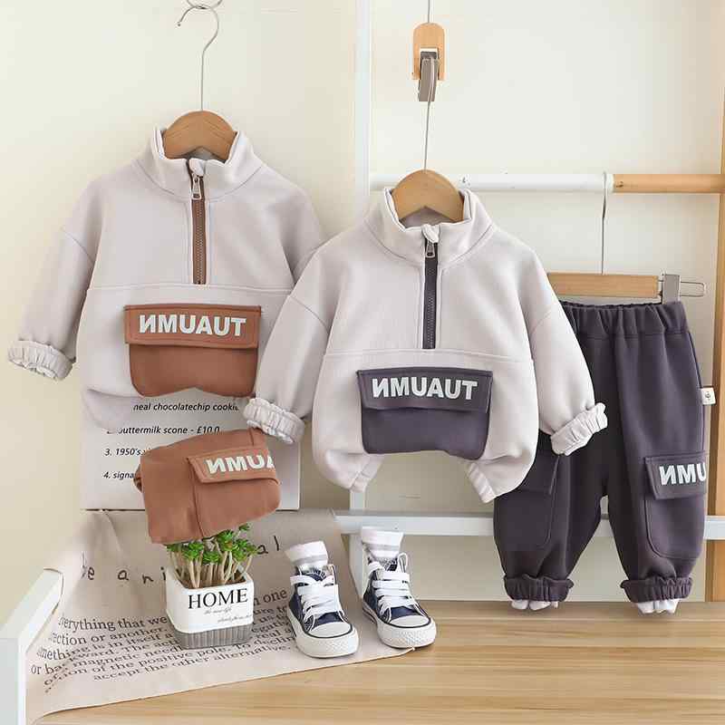 セットアップ 男の子 キッズ 子供服 春秋 立ち襟 ハーフジップ スウェット トレーナー アルファベット ロゴデザイン 上下セット スポーツ 普段着 カジュアル かわいい 綿 コットン ブラウン