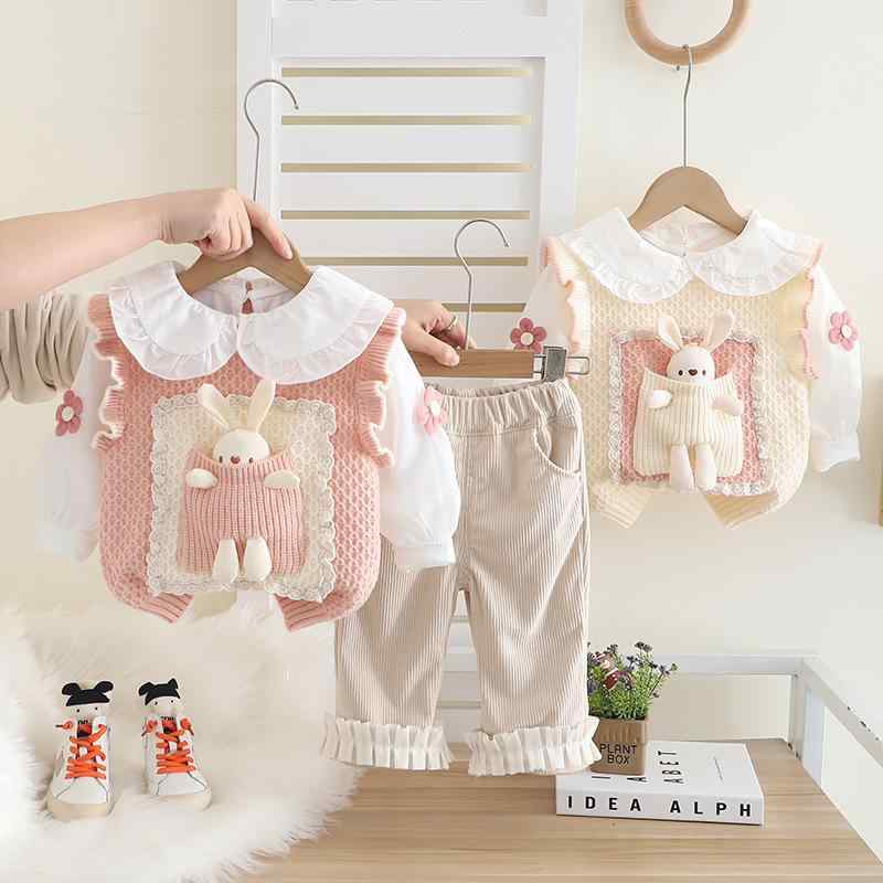 ベビー服 女の子 子供 キッズ セットアップ うさぎ柄 セーター 長袖 パンツ 3点セット 綿 コットン 韓国風 おしゃれ かわいい 春秋 普段着 通園 カジュアル