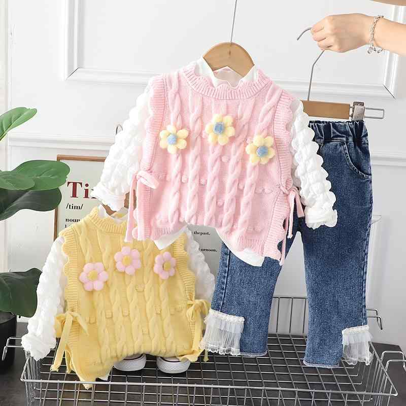子供服 女の子 ベビー 赤ちゃん ケーブルニット 花柄 ベスト 長袖Tシャツ パンツ 3点セット セットアップ 綿 コットン 柔らかい 肌触り おしゃれ かわいい 韓国風 カジュアル 春秋 ピンク系 イエロー系