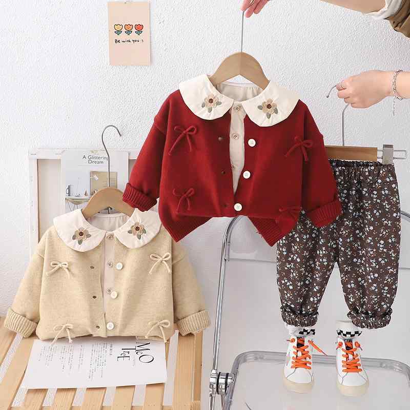 キッズ 女の子 セットアップ 春秋 女児 3点セット 長袖 ニットトップス 長ズボン パンツ リボン 小花柄 かわいい カジュアル 韓国風 コットン お出かけ服