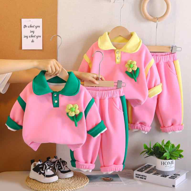 キッズ 女の子 ベビー 秋冬 裏起毛 セットアップ スウェット トレーナー パンツ 花柄 フラワー 綿 コットン おしゃれ かわいい 韓国子供服 普段使い 通園