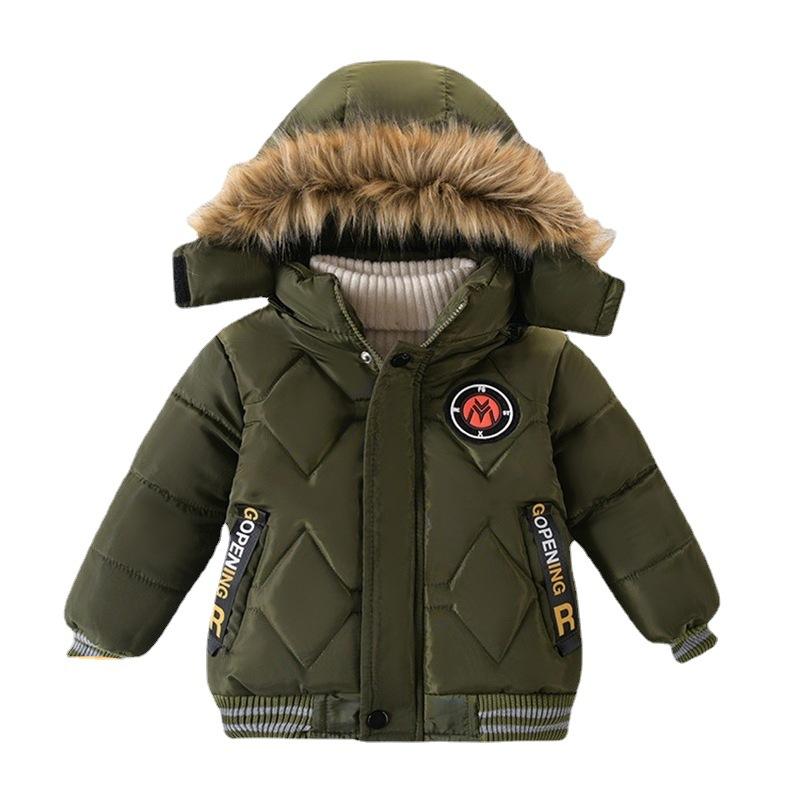 キッズ 男の子 中綿ジャケット 秋冬 厚手 配色切り替え 英字プリント フード付き ジップアップ コットン混 スタイリッシュ カジュアル アウター グリーン ブラック ネイビー
