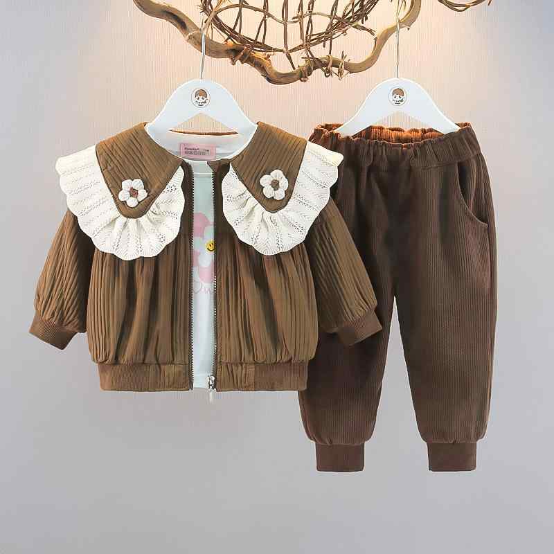 セットアップ 女の子 ベビー キッズ 子供服 3点セット 長袖 ジャケット ロングパンツ おしゃれ かわいい プリンセス風 森ガール風 スクール風 綿素材 無地 春秋 ホワイト ブラウン 普段使い お出かけ