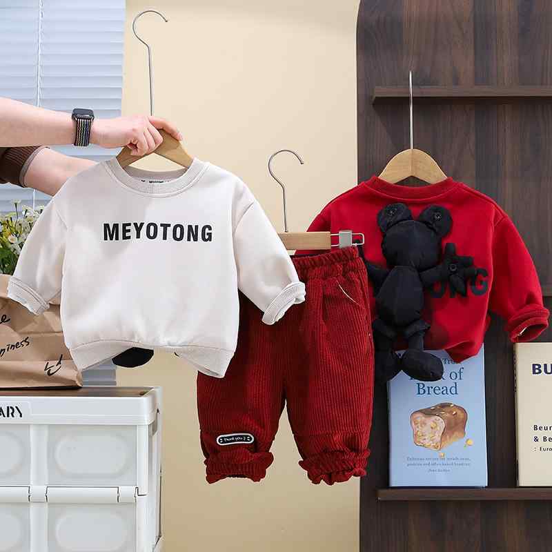 ベビー服 男の子 1歳 春秋 カジュアル 後ろネズミ柄 キャラクター 丸首 長袖 トップス ロングパンツ 2点セット 韓国風 コットン 柔らか素材 かわいい おしゃれ レッド ベージュ セットアップ