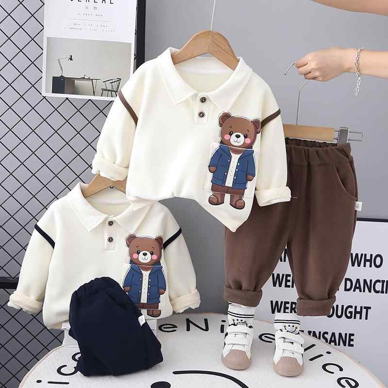 ベビー服 男の子 1-3歳 秋冬 コットン 裏起毛 厚手 柔らかい ポケット ベア 長袖シャツ パンツ セットアップ 上下セット カジュアル お出かけ ルームウェア ブラウン系 ブラック系
