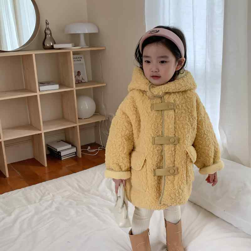 コート 女の子 キッズ 秋冬 韓国風 裏起毛 ボア フリース フード付き 厚手 暖かい 防寒 柔らかい ミドル丈 ジップアップ 無地 かわいい 普段使い 通園 通学 長袖 レモンイエロー