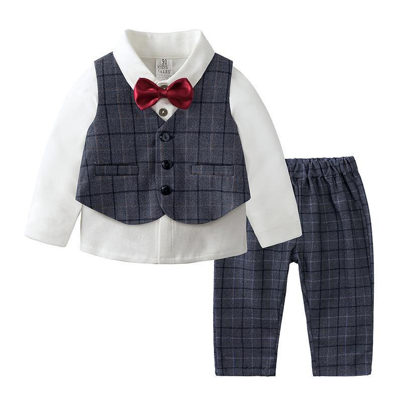 子供服 セットアップ 男の子 ボーイズ キッズ 紳士服 フォーマル 英国風 長袖シャツ ベスト ジレ 長ズボン 綿 コットン 柔らかい ソフト 春秋 スリーピース 3点セット