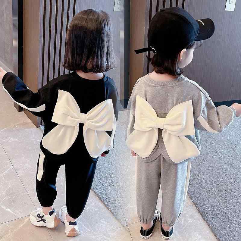 キッズ 女の子 セットアップ 春秋 韓国風 切り替え リボン スウェット プルオーバー 長袖 スウェットパンツ おしゃれ かわいい 綿 柔らか 普段使い カジュアル 黒 グレー ツーピース