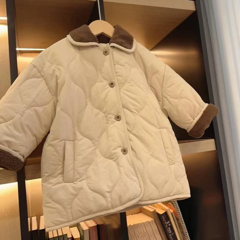 中綿ジャケット キッズ ベビー 男の子 女の子 男女兼用 冬 厚手 防寒 アウター ミドル丈 襟付き 韓国スタイル おしゃれ ファッション 普段使い 通園 通学 カーキ