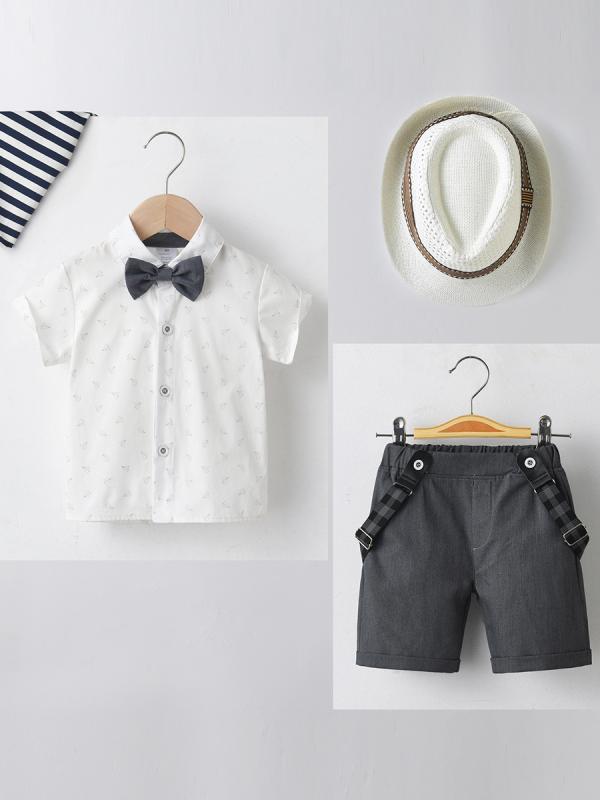 キッズ 男の子 夏服 半袖シャツ サロペット セットアップ 英国風 紳士風 かわいい 蝶ネクタイ 綿 薄手 柔らか お出かけ 普段使い