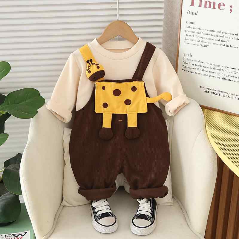 ベビー服 男女兼用 サロペット オーバーオール セットアップ 立体 キャラクター キリン柄 長袖トップス 2点セット かわいい おしゃれ コットン 柔らか素材 春秋 普段着 ルームウェア