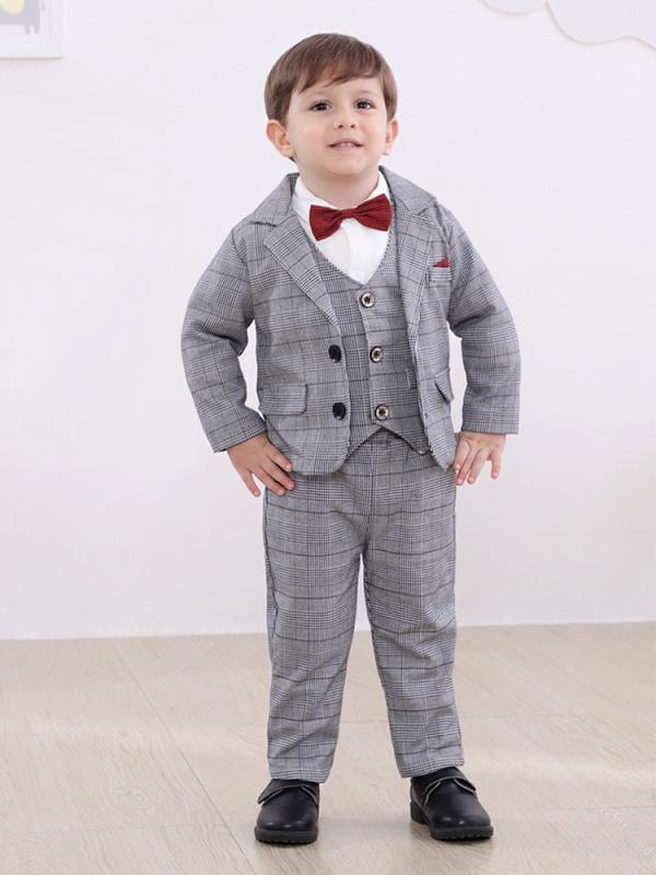 キッズスーツ 男の子 チェック柄 フォーマルブレザー 4点セット 長袖 綿 厚手 暖かい 防寒 秋冬 結婚式 発表会 入学式 セレモニー