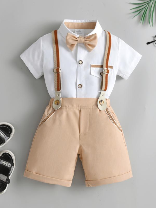 セットアップ ベビー キッズ 男の子 サロペット ショートパンツ 2点セット 英倫風 紳士スタイル 夏 春夏 半袖 薄手 無地 綿 コットン 蝶ネクタイ かわいい 肌触り良い 普段使い お出かけ カジュアル 4,225円