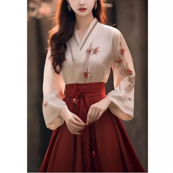 セットアップ レディース 春夏秋冬 漢服 馬面裙 シャツ トップス ロングスカート チャイナ服 改良 2点セット シェニール生地 美シルエット 体型カバー 着やせ おしゃれ 上品 普段着 カジュアル|花りぼん