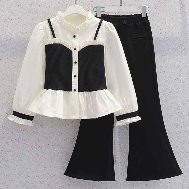 キッズ 女の子 ジュニア セットアップ 春秋 韓国ファッション おしゃれ 上品 クラシカル お嬢様風 2点セット シャツ ブラウス トップス フリル 切り替え フレアパンツ ボトムス