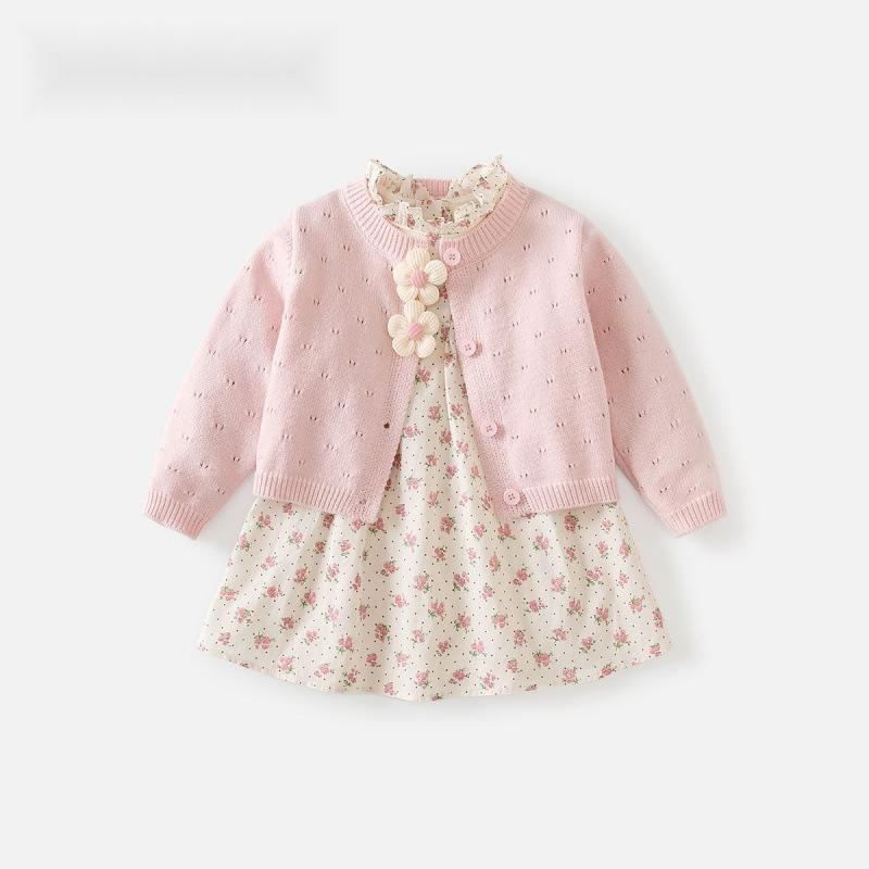 ワンピース 女の子 キッズ ベビー プリンセス風 セレモニー 小花柄 長袖 綿100% 1歳 誕生日 お呼ばれ フォーマル セットアップ おしゃれ かわいい ピンク 春秋