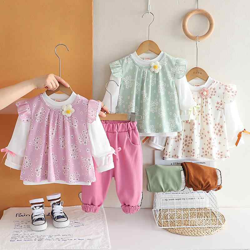 キッズ ベビー服 女の子 ガールズ 春秋 花柄 フラワー ワンピース ドレス セットアップ スリーピース おしゃれ かわいい 普段着 お出かけ着 コットン 綿素材 柔らか ピンク系 グリーン系 ブラウン系