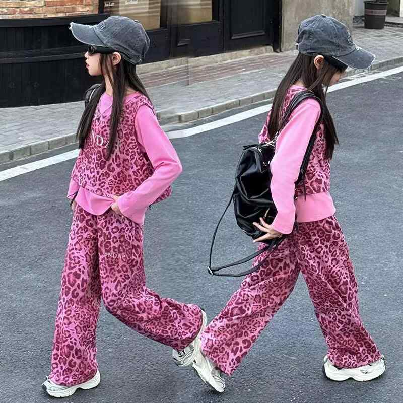 スウェット セットアップ 女の子 ジュニア 春秋 ヒョウ柄 ベスト 長袖トップス スウェットパンツ ピンク系 おしゃれ カジュアル 普段使い 通学 3点セット