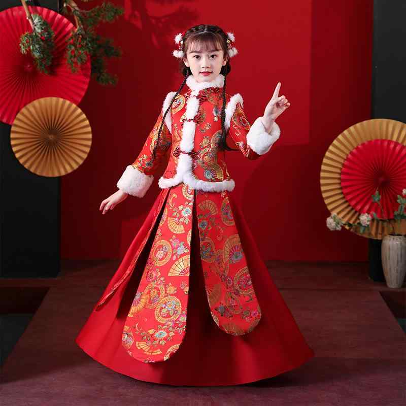 唐装 ガールズ 裏起毛 厚手 漢服 中華風 花柄 プリント 2点セット 発表会 お祝い イベント 秋冬 コットン 民族衣装 スカート フリル