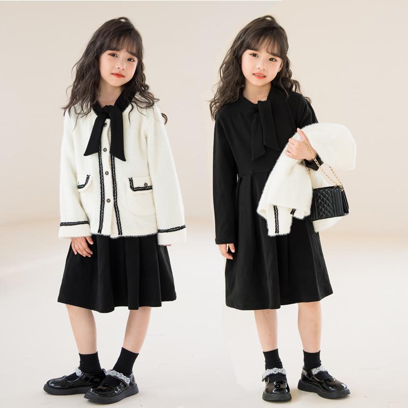 キッズ 女の子 親子服 ジャケット スカート セットアップ 2点セット 秋冬 高級感 エレガント アイボリー ポリエステル デルン素材 ソフトな肌触り リボン付き シングルボタン ジュニア プリンセス風
