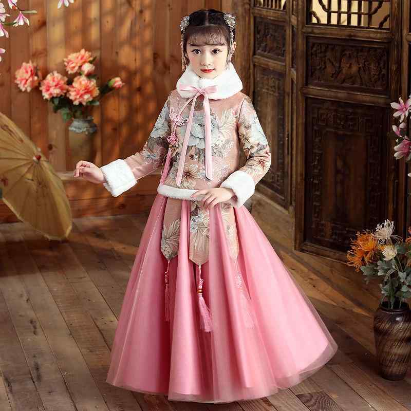 キッズ 女の子 漢服 唐装 チャイナドレス 中国民族衣装 華やか かわいい 裏起毛 厚手 暖かい 花柄 新年 お正月 発表会 ステージ衣装 プリンセス風 ポリエステル 秋冬