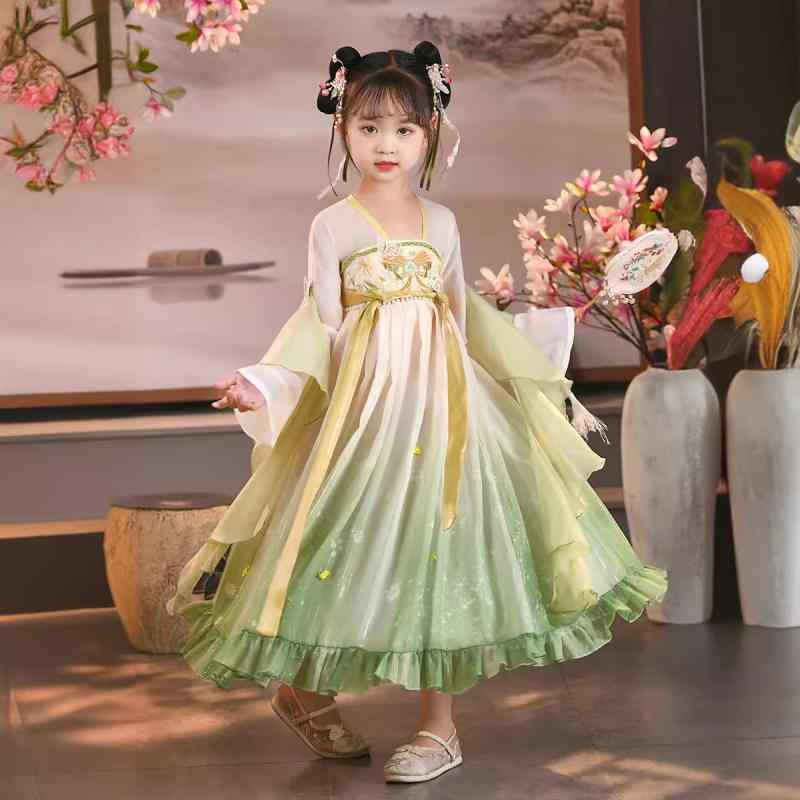 漢服 女の子 キッズ プリンセス風 かわいい 春秋 襦裙 ワンピース グリーン 蝶々柄 中国風 シフォン ポリエステル素材 おしゃれ ファッション