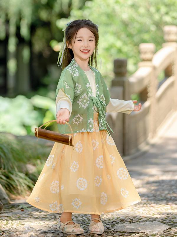 キッズ 女の子 子供 漢服 唐装 襦裙 中国伝統衣装 中華風 古装 秋 秋冬 長袖 花柄 フラワー 切り替え 配色 かわいい 優雅 おしゃれ プリンセス お姫様 シフォン ポリエステル イベント 発表会 記念日 誕生日