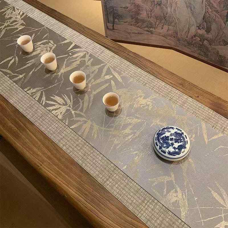 テーブルランナー 織錦ジャカード 両面 防水 綿麻 コットンリネン レトロモダン 禅風 新中華風 上品 高級感 茶席 茶台用 リビング 書斎 店舗 竹柄 風景柄