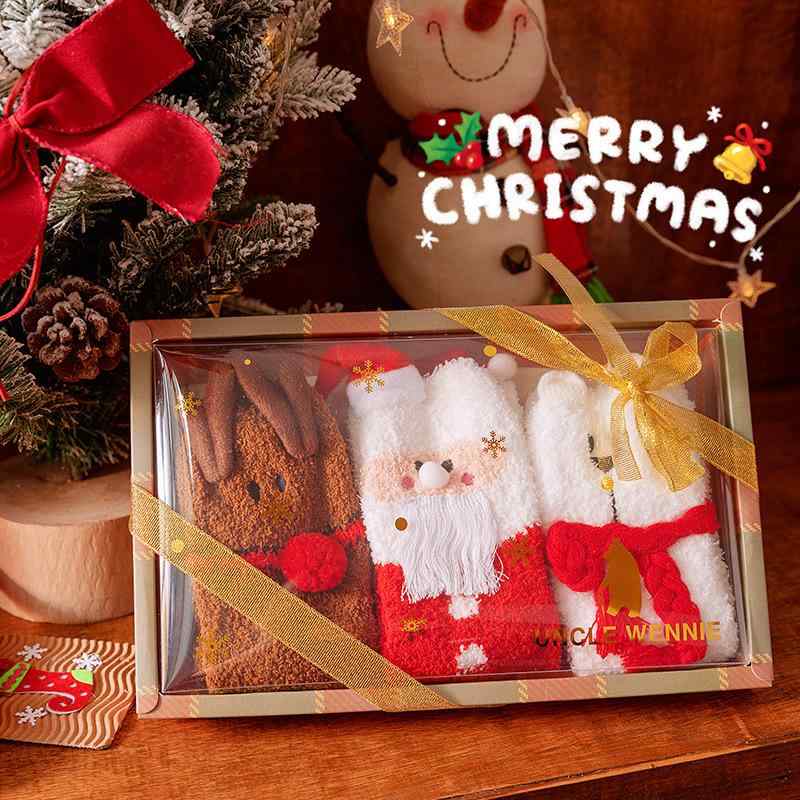 靴下 レディース クリスマス ソックス 赤 レッド かわいい ラッキーアイテム ミドル丈 クルー丈 サンゴフリース もこもこ 厚手 あったか 防寒 秋冬 睡眠 ルームウェア キャラクター柄 ギフトセット プレゼント