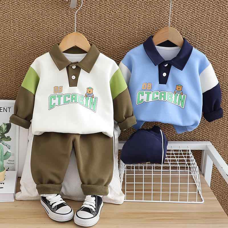 セットアップ キッズ 男の子 春秋 綿 長袖 くま柄 前立て スウェットトップス 長パンツ 2点セット 韓国ファッション カジュアル 普段使い