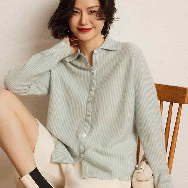 ニットカーディガン レディース 女性用 カシミヤ ポロ襟 ストライプ 長袖 ゆったり シンプル カジュアル オフィス 通勤 普段使い インナー 中厚手 リブ編み お手入れ簡単 秋冬 トップス