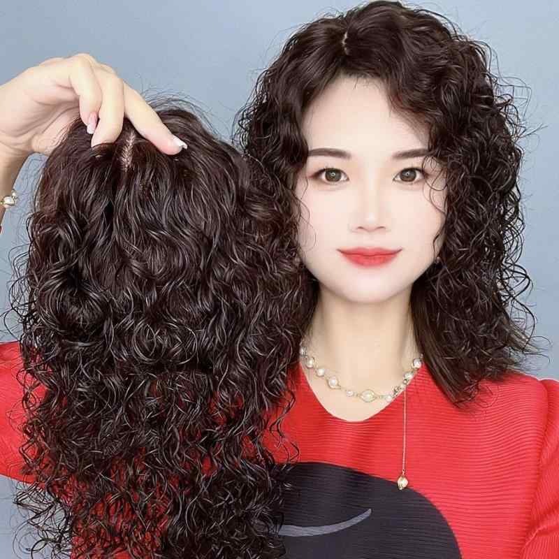 ウィッグ レディース 女性用 ヘアピース 部分ウィッグ 人毛100% 頭頂部カバー 白髪隠し 薄毛 ボリュームアップ 羊毛風 カール ウェーブ 自然 ふんわり 軽量 境目目立たない