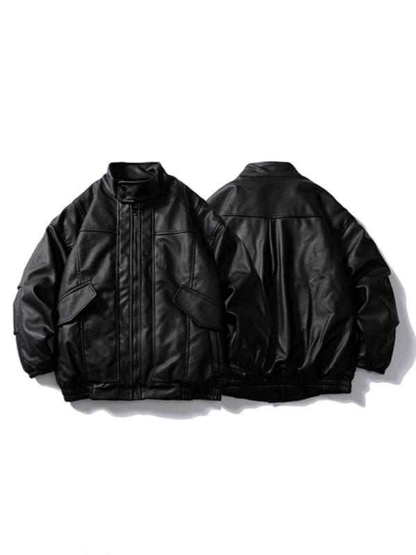 ジャケット 男女兼用 ユニセックス PUレザー 防風 保温 中綿 厚手 ライダース ワーク レトロ ストリート ゆったり ジップアップ 秋冬 ブラック｜花りぼん