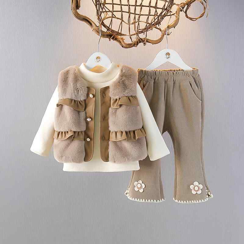子供服 女の子 ベビー 幼児 秋冬 冬 裏起毛 保温 綿 3点セット スリーピース パンツスタイル ふわふわベスト 中綿トップス 長袖 長ズボン おしゃれ かわいい カジュアル お出かけ ダークカーキ