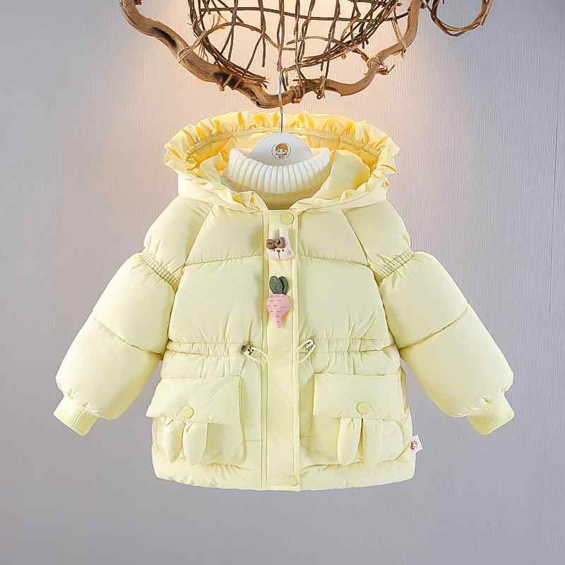 中綿ジャケット ベビー 女の子 裏ボア 厚手 フード付き ジップアップ カジュアル かわいい 冬服 無地 防寒 アウター ポリエステル イエロー レッド