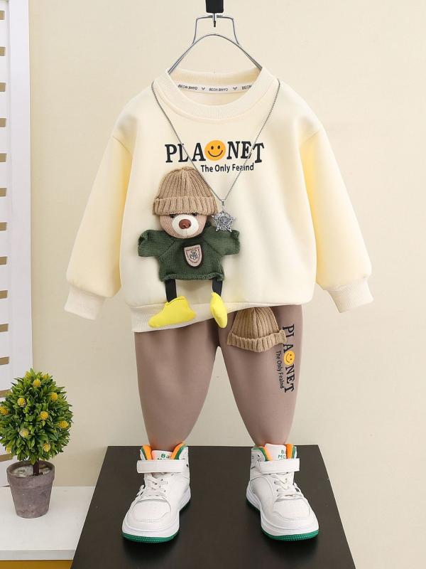 キッズ ユニセックス 春物 綿素材 セットアップ 2点セット おしゃれ かわいい 韓国風 春コーデ カジュアル クマ柄 長袖 長ズボン 男の子 女の子