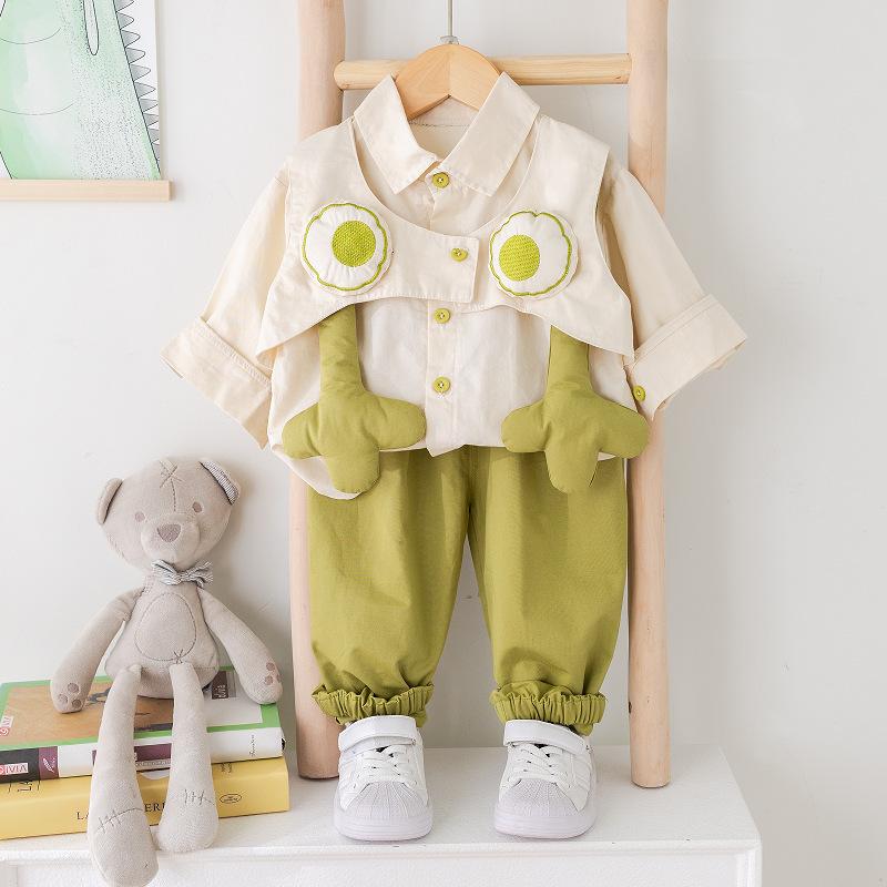子供服 男の子 長袖シャツ トップス セットアップ 2点セット パンツ カエル柄 カジュアル おしゃれ かわいい 春秋 綿 コットン 普段使い お出かけ