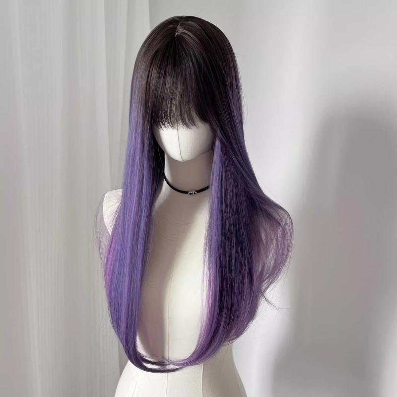 ウィッグ レディース フルウィッグ ロングストレート 前髪あり グレープパープル グラデーション 自然な仕上がり リアル 耐熱ファイバー 女性用 小顔効果 ボリュームアップ イメチェン おしゃれ