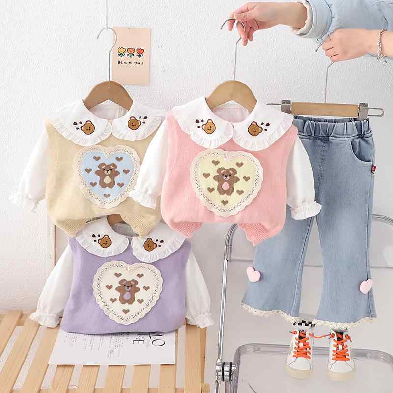 セットアップ ベビー キッズ 女の子 ハートクマ セーター パンツ 3点セット 春秋 おしゃれ かわいい 韓国風 コットン 綿 柔らかい肌触り キャラクター